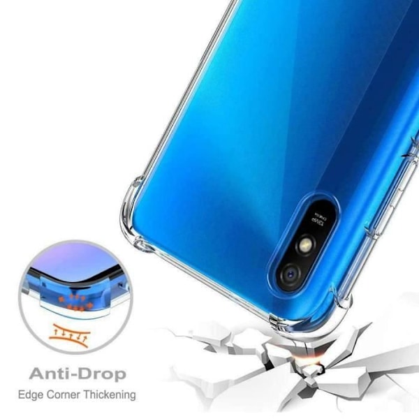 Til Xiaomi Redmi 9AT/ Redmi 9i/ 9i Sport/ 9A Sport: TRANSPARENT anti-chok silikoneetui + 2x farvede hærdet glasfilm - SORT VIT