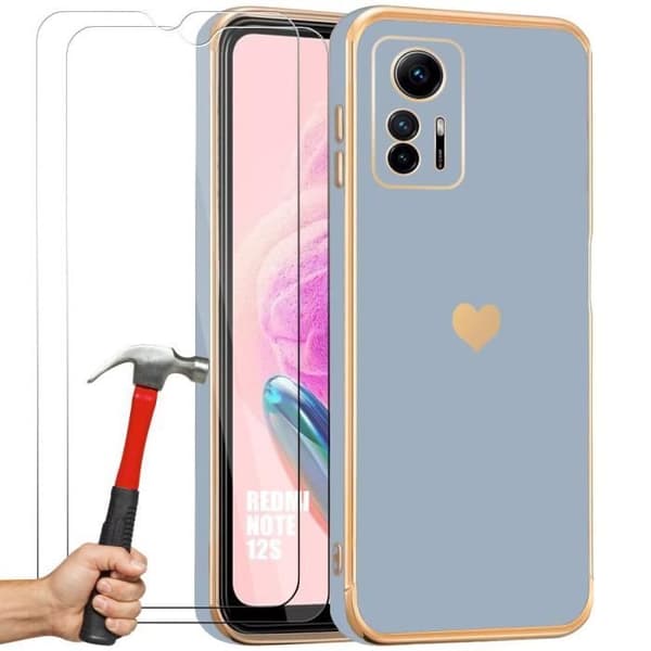 Skal + Häftade Glas - Xiaomi - Redmi Note 12S - Silikon - Stötsäker - Kärleksmönster Blå