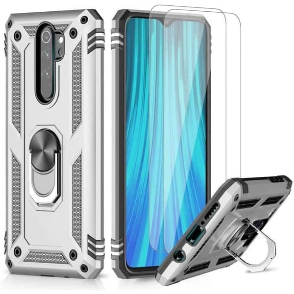 Silikonfodral - E.F.CONNECTION - för Redmi Note 8Pro - Härdat glas - Metallstöd ring - Förstärkt skydd Silver
