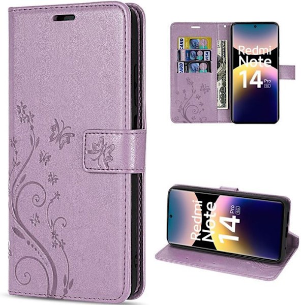 Coque för Xiaomi Redmi Note 14 Pro 5G (inte för 4G) Skrapskydd PU-läder Blommönster Fjäril - Lila Lila