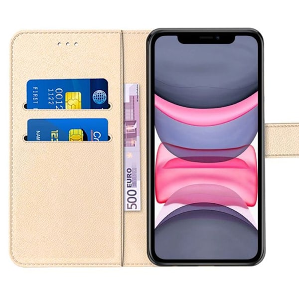 Coque + 2 Härdat Glas för iPhone 11, Skinnliknande Skydd med Magnetisk Stängning - Guld gyllene