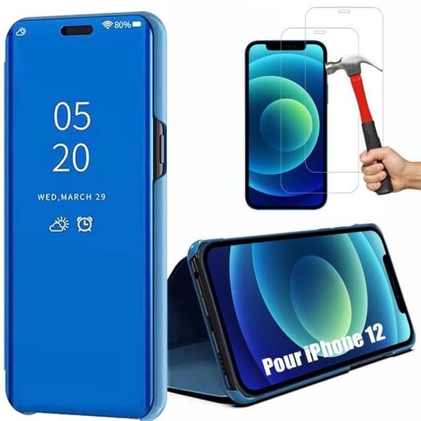 Skyddshölje - E.F.CONNECTION - för iPhone 12 - Blå - Hård - 2 Härdat glas Blå
