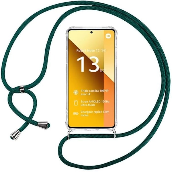 Fodral för Xiaomi Redmi Note 13 5G (ej för 4G) - Tunna mjuka förstärkta hörn Anti-skrapa TPU + Axelrem midnattsgrön