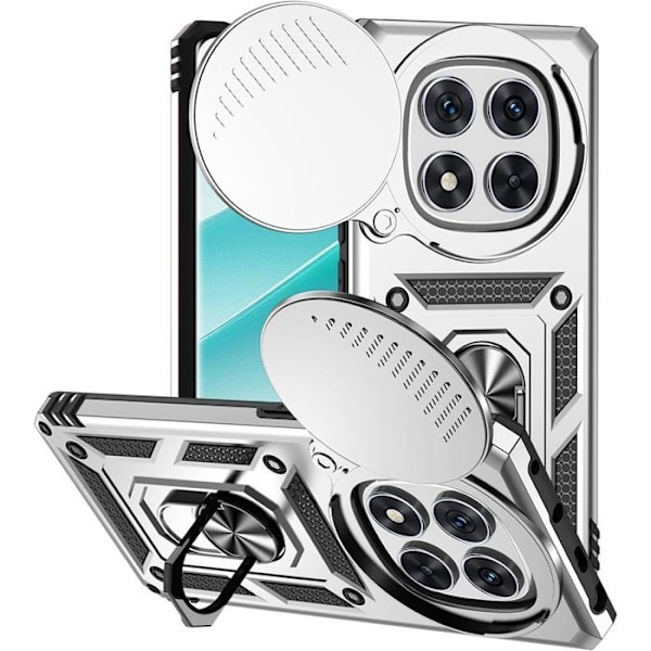 Coque för Xiaomi Redmi Note 14 Pro 4G (ej för 5G) Hård Antichock med Ring Stöd och Skydd för Objektiv - Silver Silver
