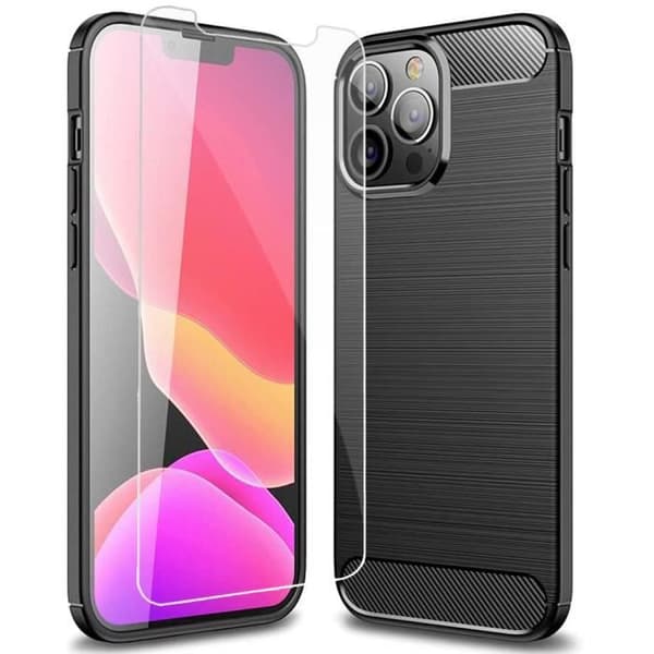 Coque - Silikon - för iPhone 13 Pro - Kolfiber Svart - 2 Härdat Glas - Ultra Stark Skydd Svart