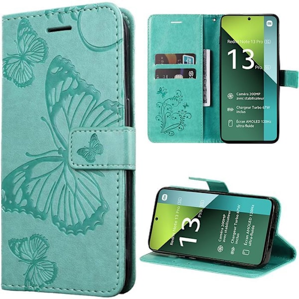 Skyddsbok för Xiaomi Redmi Note 13 Pro 5G (ej för 4G) Stöttålig Syntetläder Fjärilsmönster - Grön Grön
