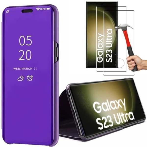 2 hærdede briller + etui til Samsung S23 Ultra Violet 360° beskyttelse Anti-ridse stødsikkert komplet cover Lila