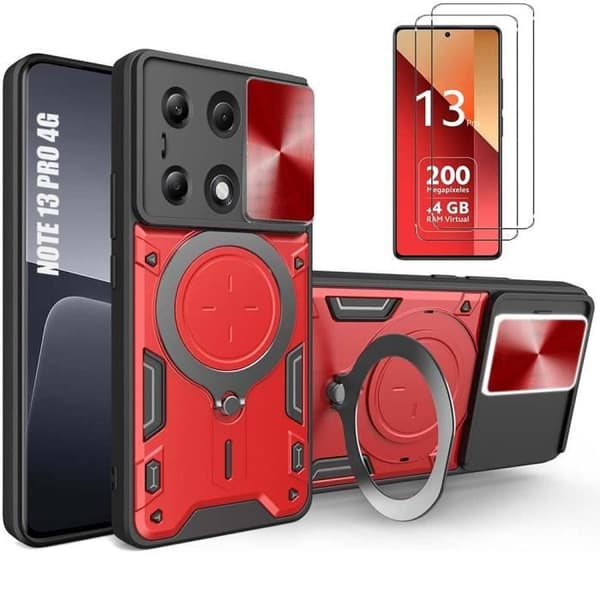 Coque - E.F.CONNECTION - För Xiaomi Redmi Note 13 Pro 4G - PC + TPU - Rotationsstöd - Skjutbart Kameraskydd Röd