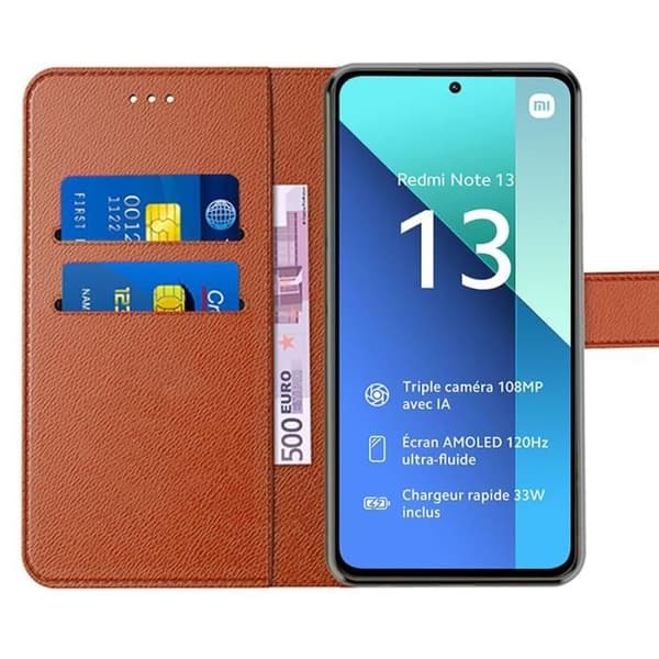Skydd för Xiaomi Redmi Note 13 4G - Brun - Stöttålig - Fällbart PU-läderfodral - Inbyggt ställ kastanj