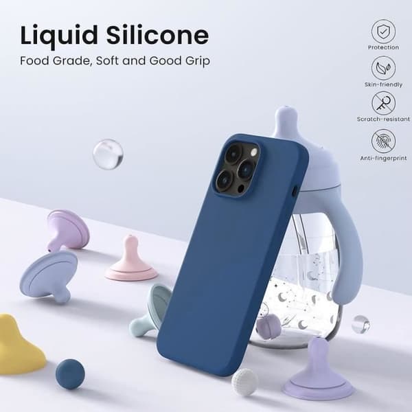 Skyddsfodral för iPhone 15 Pro Max - Flytande silikon - Mörkblå - 2 härdade glas - Skydd för baksidan av objektivet
