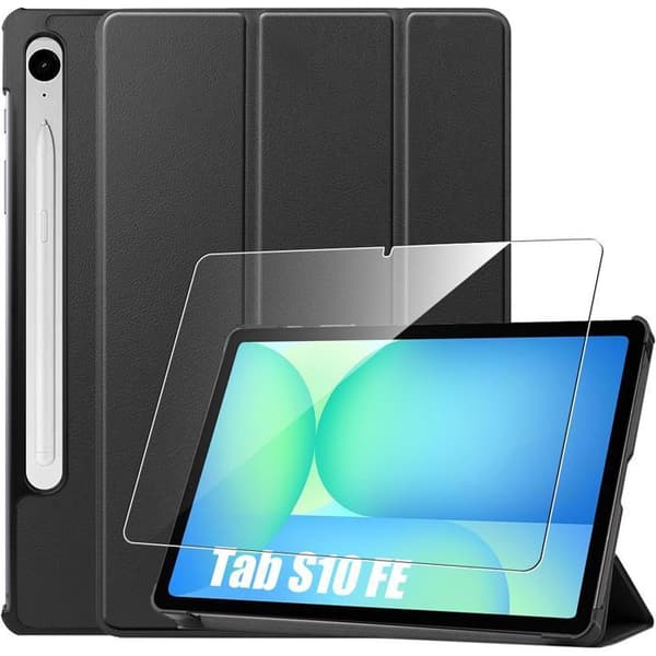 Coque + Härdat Glas -E.F.CONNECTION - för Samsung Galaxy Tab S10 FE - Stöttålig - Fällbart Stöd - Svart Svart