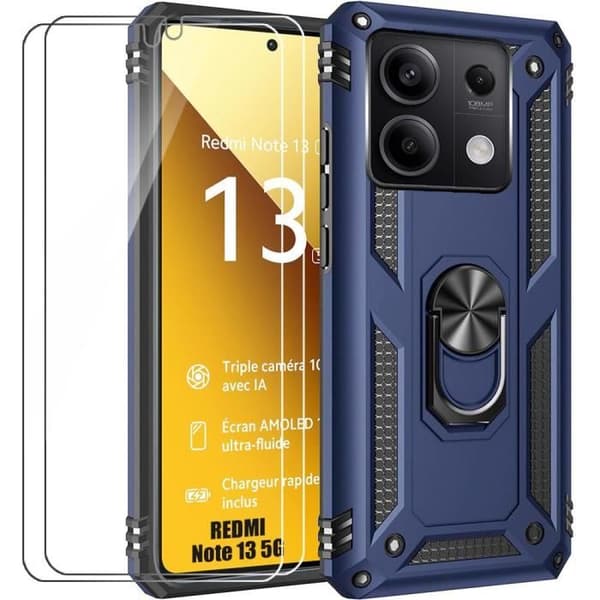 Coque - E.F.Connection - för Xiaomi Redmi Note 13 5G - Styv - Stöd 360° - 2 Härdade Glas marinblå