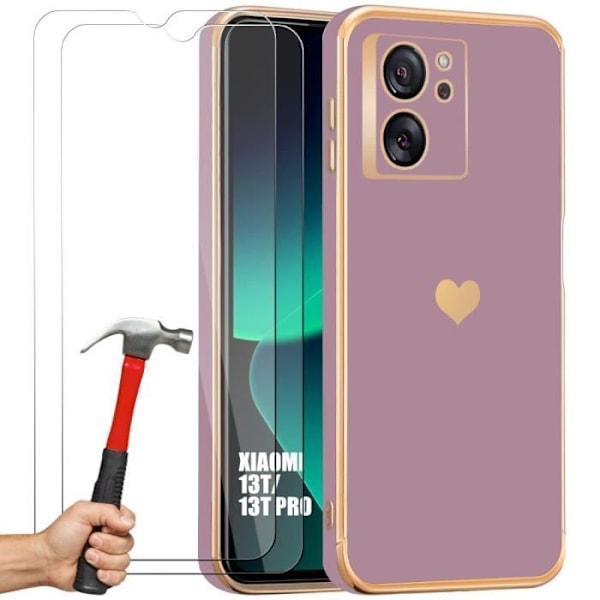 Etui + 2 hærdede briller til Xiaomi 13T - 13T Pro, stødsikker TPU silikone, luksusstil med belagt og guld kærlighedsmønster - lilla Lila