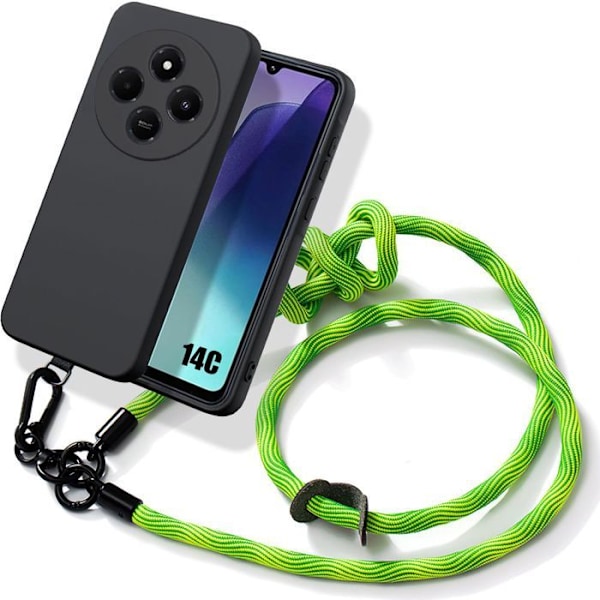 Coque til Xiaomi Redmi 14C - Beskyttelse af sort flydende silikone med robust grøn snor Grön, Svart