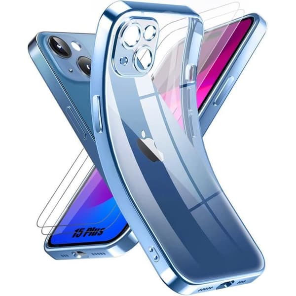 iPhone 15 Plus-skal - MÄRKE - Blå metallisk effekt - Repellerande - Mjuk - 2 härdade glas Blå
