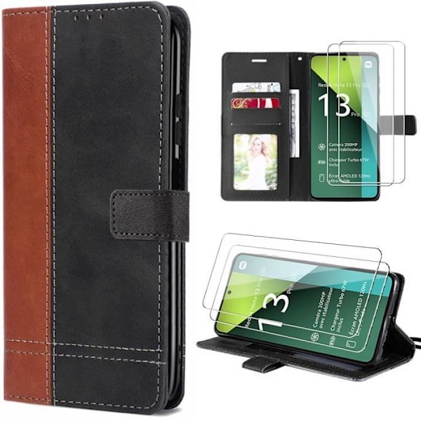 Coque til Xiaomi Redmi Note 13 Pro 5G - Brun - Stødabsorberende - To-farvet PU Læder - Kortholder - 2 Tempererede Glas Brun svart