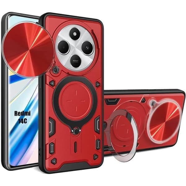 Coque Antichoc - E.F.CONNECTION - För Xiaomi Redmi 14C - Röd - Kameraskydd - Magnetisk Ringstöd Röd