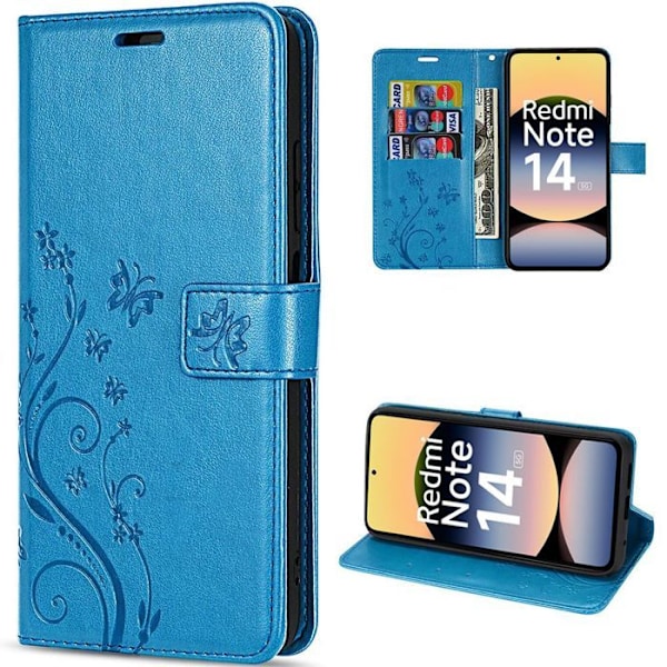 Coque til Xiaomi Redmi Note 14 5G (ikke til 4G) Stødabsorberende Anti-Ripser PU Læder Blomster Butterfly Mønster - Blå Blå