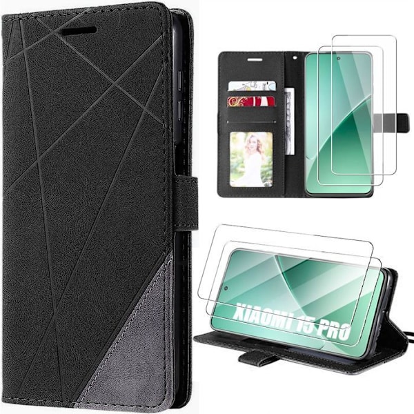 Coque + 2 Viskestøtter til Xiaomi 15 Pro, Stødabsorberende, Ridsefrit Elegant Læder Effekt Sort Svart