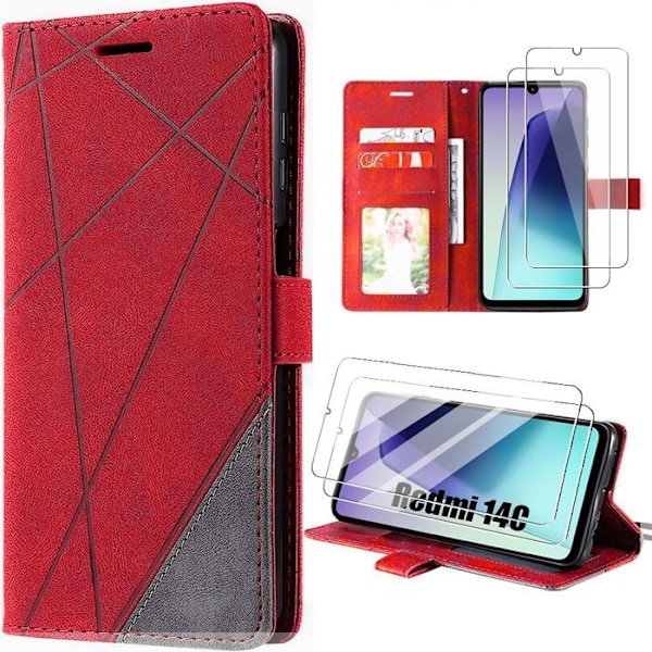 Fodral för Xiaomi Redmi 14C med 2 Härdade Glas, Heltäckande Stötbeständig Skydd i Elegant Läderlook - Röd Röd