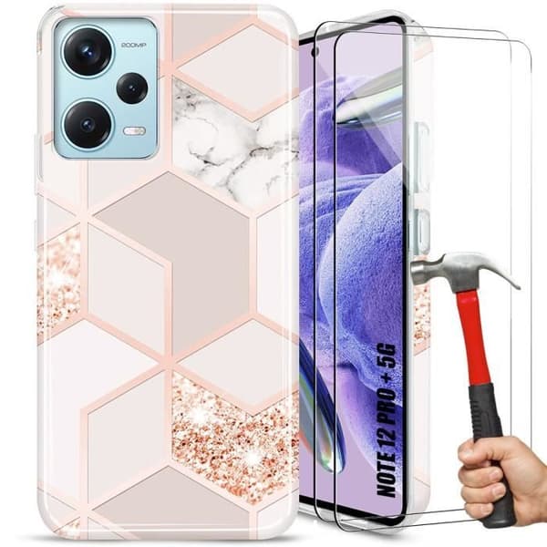 Coque - E.F.CONNECTION - För Xiaomi Redmi Note 12 Pro Plus 5G - Slim-skydd - Härdat glas - Marmormönster Rosa
