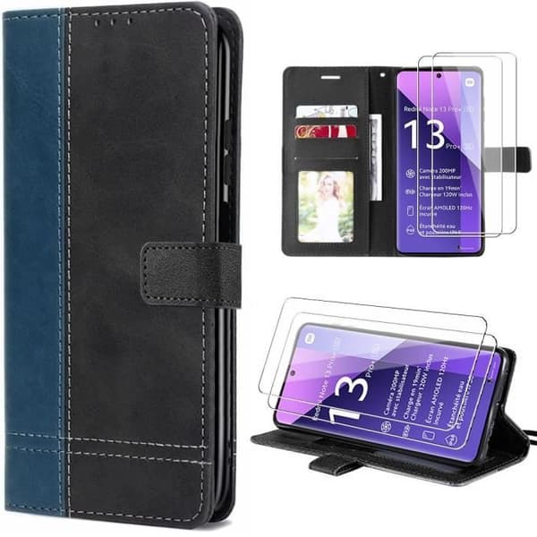 Skal + 2 Doppade Glas - E.F.Connection - för Redmi Note 13 Pro+ 5G - Bicolor PU Läder - Mörkblå - Justerbart Stöd marinblå