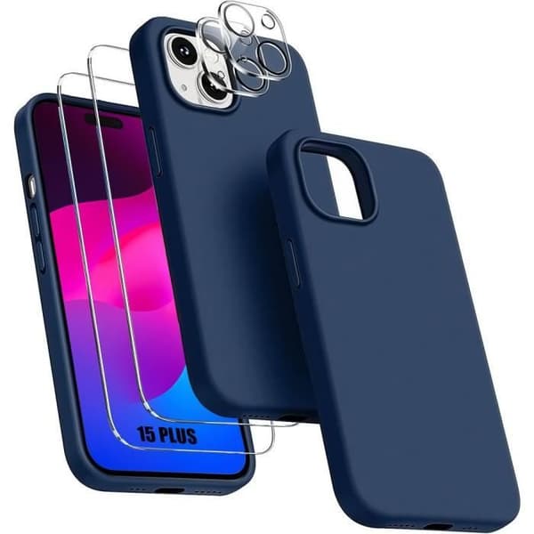 Skal för iPhone 15 Plus - Silikon - Mörkblå - Flexibel - Halkskyddande - 2 Härdat Glas marinblå