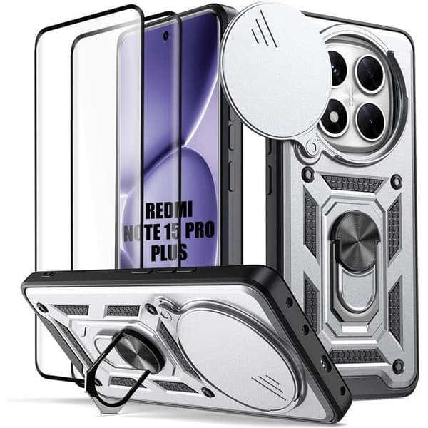Case + 2 Härdade Glas för Xiaomi Redmi Note 15 Pro Plus 5G - med Kameraskydd - Silver Silver