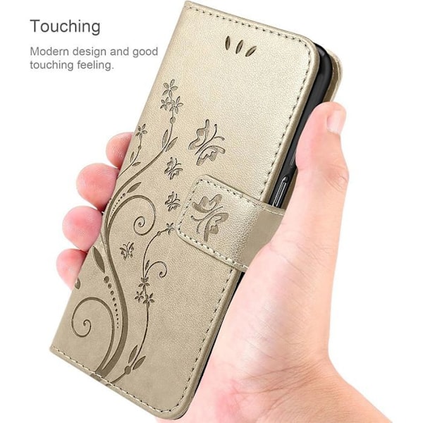 Coque og 2 Våde Glas til Xiaomi Redmi 14C, Beskyttelse med Klap i Syntetisk Læder Stødabsorberende Guld Sommerfuglemotiv gyllene