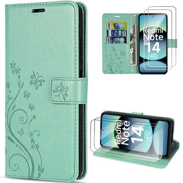Coque og 2 Ridskærm til Xiaomi Redmi Note 14 4G (ikke til 5G) Syntetisk Læder Mønster Relief Blomster Sommerfugl Grøn Grön