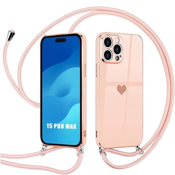 Lanyardfodral för iPhone 15 Pro Max Stötsäkert Anti-Scratch Heart Pattern Ultra Slim Lightweight - Rosa