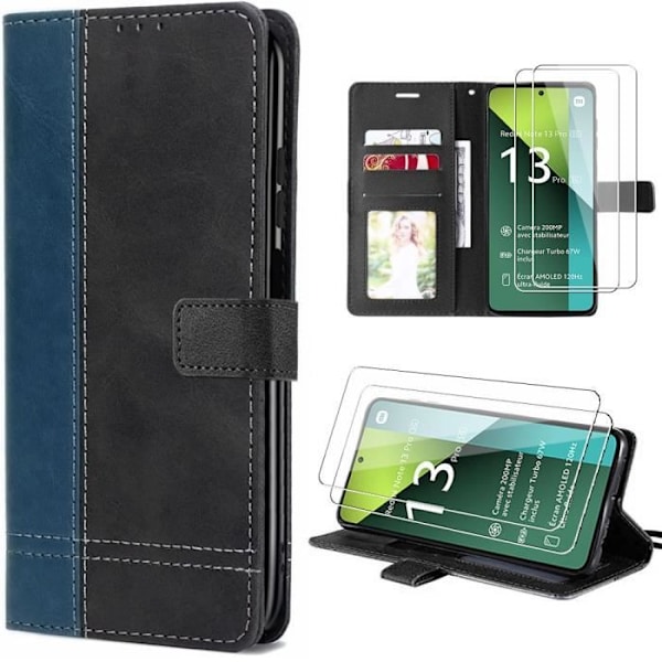 Coque - Xiaomi - Redmi Note 13 Pro 5G - Bicolore Læder Effekt - Kort Holder - 2 Tempererede Glas marinblå
