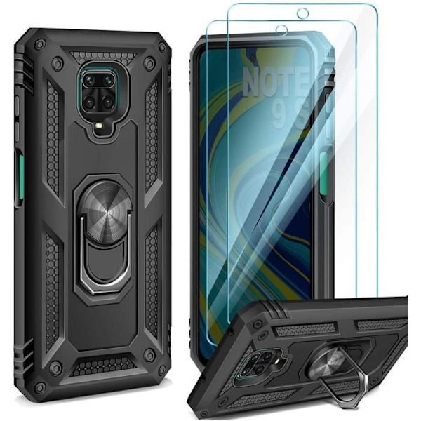 Fodral för Redmi Note 9S (6,67") med härdat glas med metallstödring Metallbakplatta High Performance Black Svart