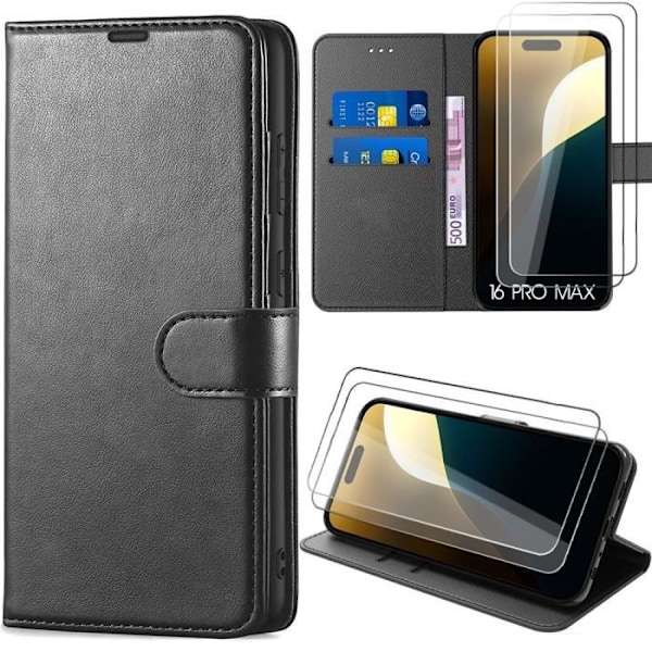 Skyddsfodral för iPhone 16 Pro Max - Flip-skydd - Svart Syntetläder - 2 Härdade Glas - Stötabsorberande Svart