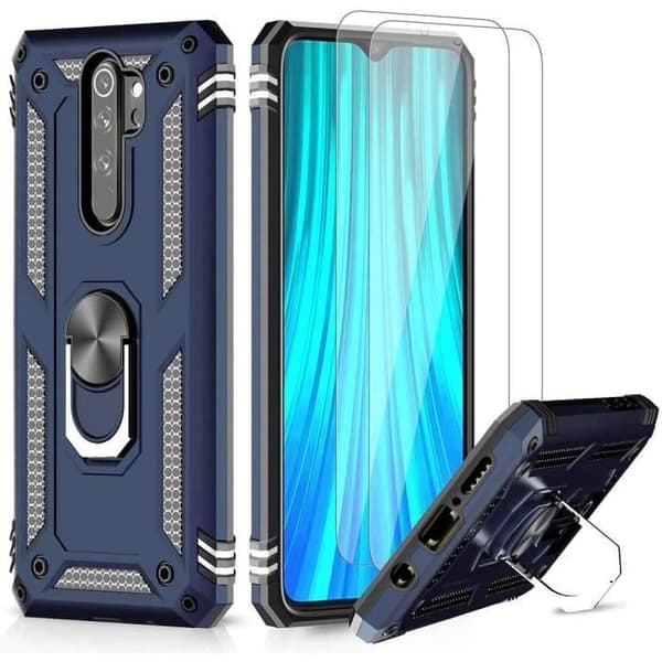 Coque - E.F.CONNECTION - för Redmi Note 8Pro - Härdat glas inkluderat - Stöd med ring - Stötabsorberande silikon Blå