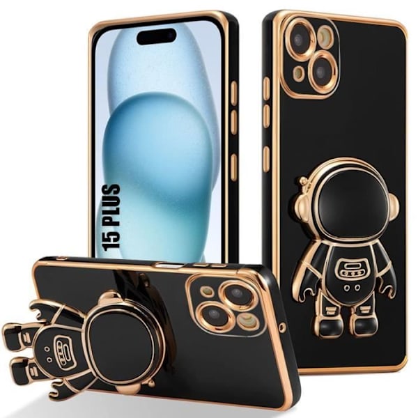 Fodral till iPhone 15 Plus, stötsäkert silikonskydd med stativ Space Man-mönster - svart