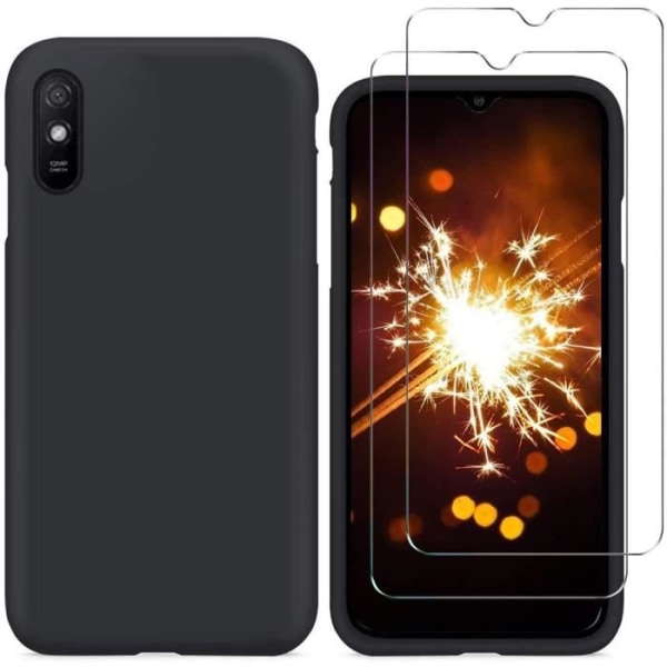 Xiaomi Redmi 9A 6,53" sort etui + 2 × hærdet glas skærmbeskytter, blødt silikone beskyttelsescover Bumper Cover Sort TPU Gel