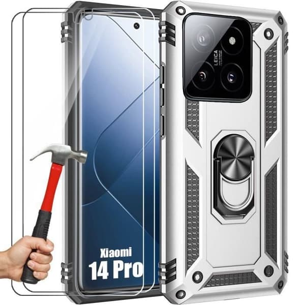 Skydd för Xiaomi 14 Pro - Silver - Hård - 2 Härdade Glas - 360° Stöd Silver