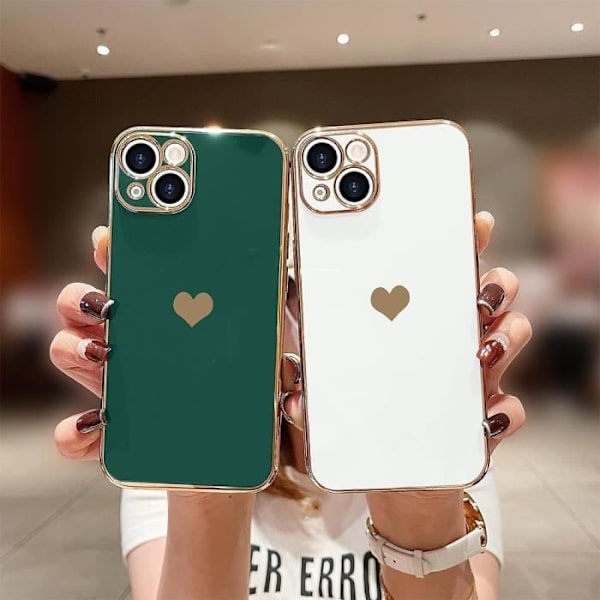 Silikonfodral för iPhone 15 Plus Vit Stötsäkert hjärtmönster + 2 skärmskydd i glas
