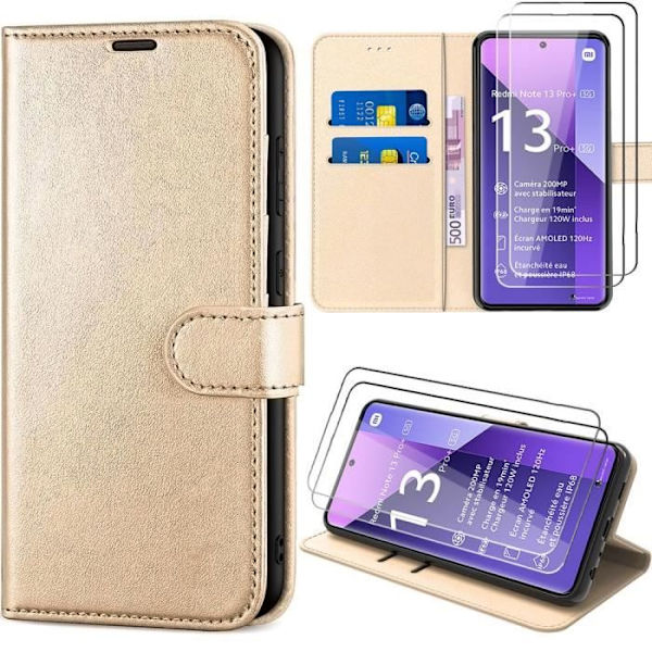 Fodral + 2 härdade glasögon för Xiaomi Redmi Note 13 Pro+ 5G - Note 13 Pro Plus 5G, lädereffekt med kortplatser, guld