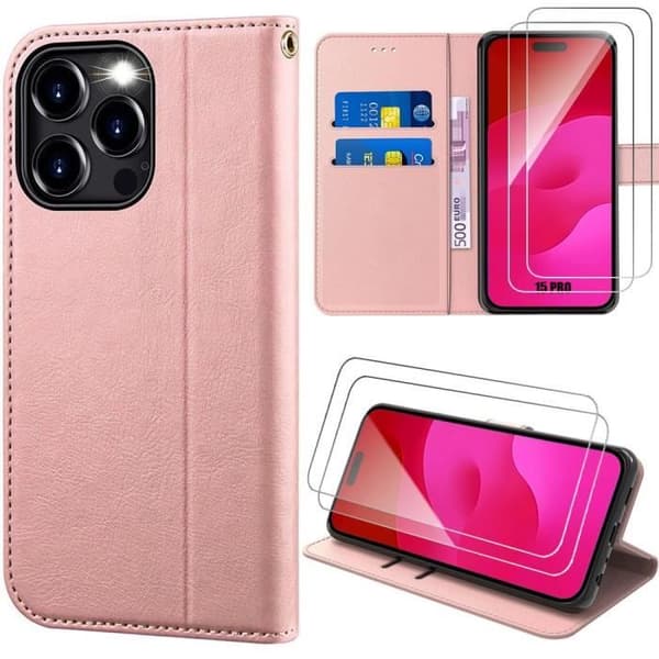 Coque - Elegant - för iPhone 15 Pro - Syntetiskt Läder - 2 Härdat Glas - Rosa Rosa