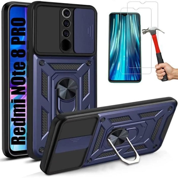 Set med 2 härdade glasögon + fodral för Redmi Note 8 Pro (6,53") Marinblå Tjock Army Style Förstärkt kant Anti-Scratch Stötsäker marinblå