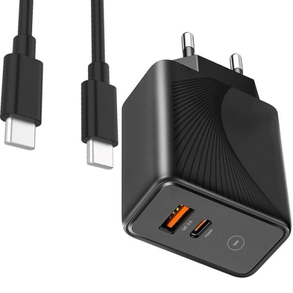Lader - E.F.CONNECTION - 30W 2-Port PD 20W+QC 3.0 - Sort med gittermønster - USB-C kabel 1M Svart