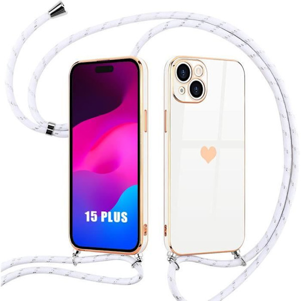 Halsbandsfodral för iPhone 15 Plus, vitt sött, stötsäkert hjärtamönster Anti-repa Mjukt