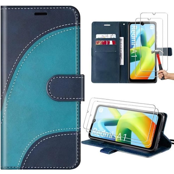 Coque - Xiaomi - Redmi A1-A2 - Læder effekt - Stødsikring - Multi-positions støtte Marinblå och ljusblå