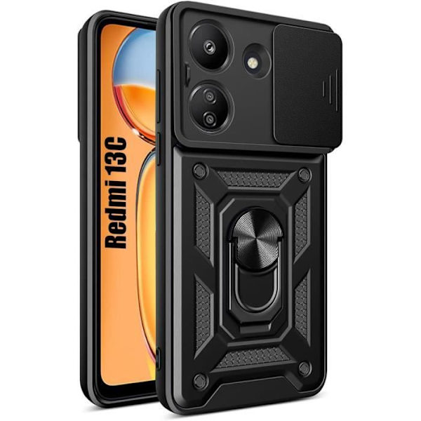 Skal för Xiaomi Redmi 13C - Xiaomi - Hård Stötsäker - Ringstöd - Glidande Objektivskydd - Svart Svart