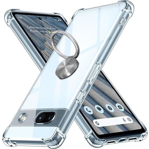 Transparent silikonfodral för Google Pixel 7a, med silver roterande ringhållare