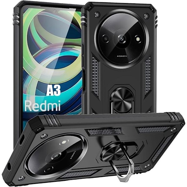 Cover til Xiaomi Redmi A3 - Holdbar Beskyttelse med Drejelig Ring - Sort Svart