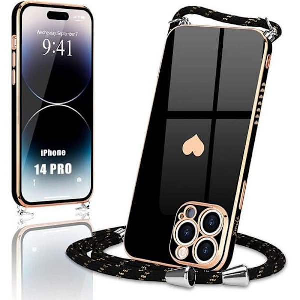 Sladdfodral för iPhone 14 Pro Svart Stötsäkert Hjärtmönster Anti-Scratch Mjuk Svart