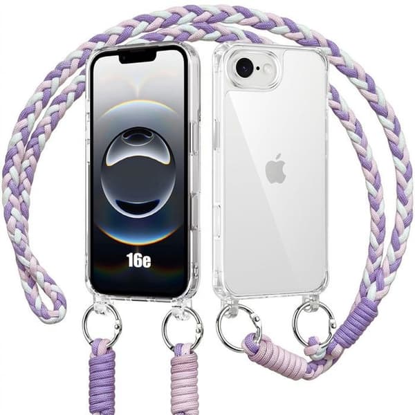 iPhone 16e-fodral, Solid Transparent Skydd med Vit Lila Rem Vit, Lila, Rosa, Transparent